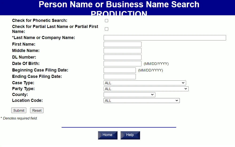 A screenshot of the case search page from the Administrative Office of the Courts Public CourtConnect Website requires specific information to search, such as the individual's full name, driver's license number, date of birth, the start and end date of the case filing, case type, party type, county, and location code.
