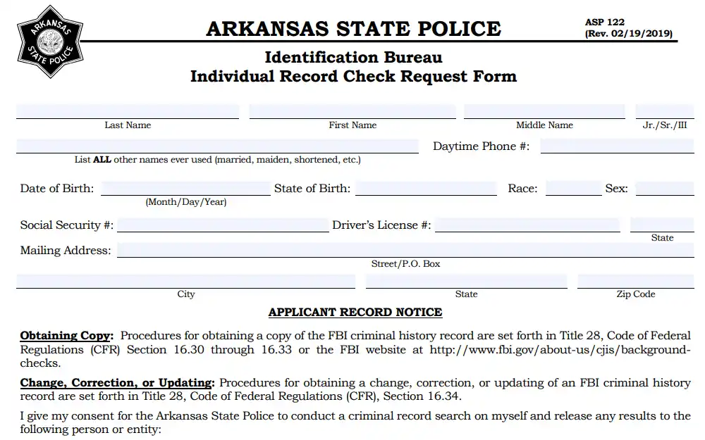 A screenshot of the Individual Record Check Request Form from the Arkansas State Police requires full name, contact details, DOB, SS no., DL no., and mailing address to be filled in.