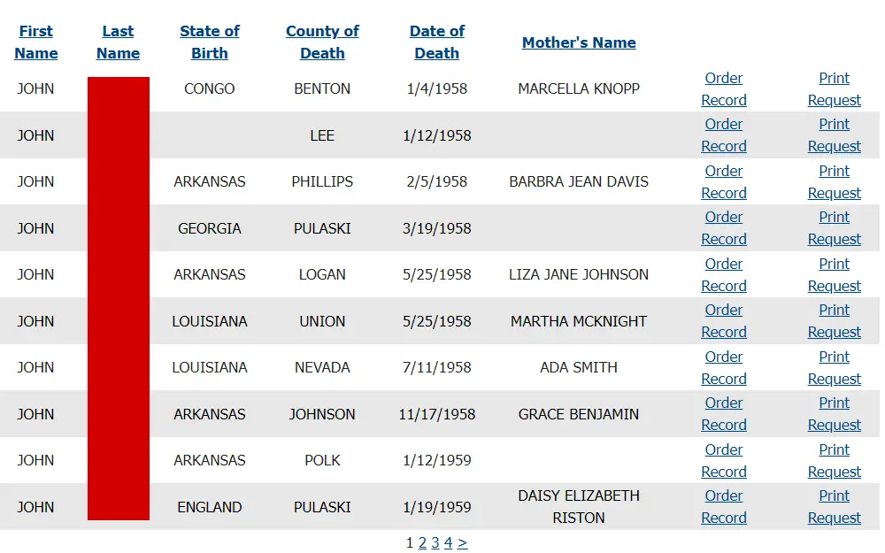 A screenshot from the Arkansas Department of Health website displays a list of death certificates, including details like first and last name, state of birth, county of death, date of death, mother's name, and links to request or print the document.