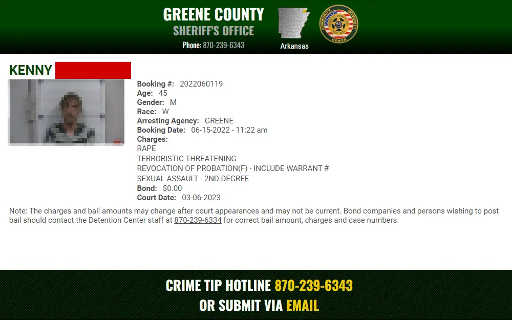 A screenshot of the inmate's details from the Greene County Sheriff's Office website includes the offender's full name, mugshot, booking no. and date, age, gender, arresting agency, charges bond and court date.