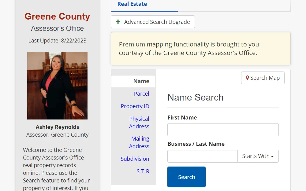 A screenshot of the real property records online page offered by the Greene County Assessor's Office shows the required fields to search, such as first name and business/last name. 