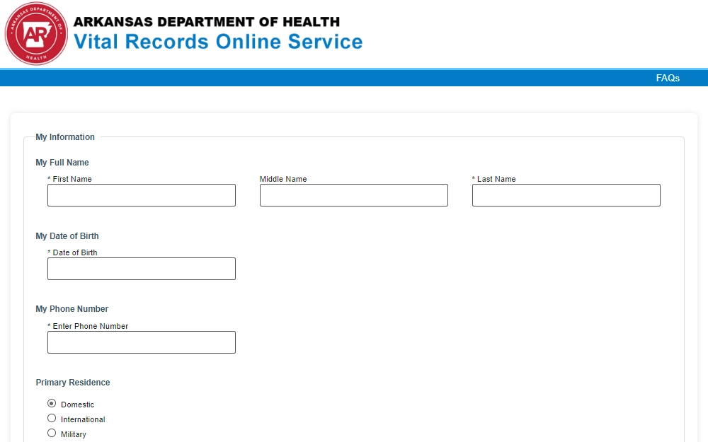 A screenshot of the Arkansas Department of Health website's Vital Records Online Service page displays fields for the applicant's full name, date of birth, contact information, and primary residence. 