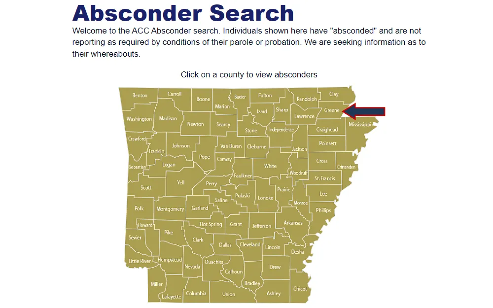 Screenshot of the map search feature from Arkansas Department of Corrections for absconders with Greene county being highlighted by an arrow.