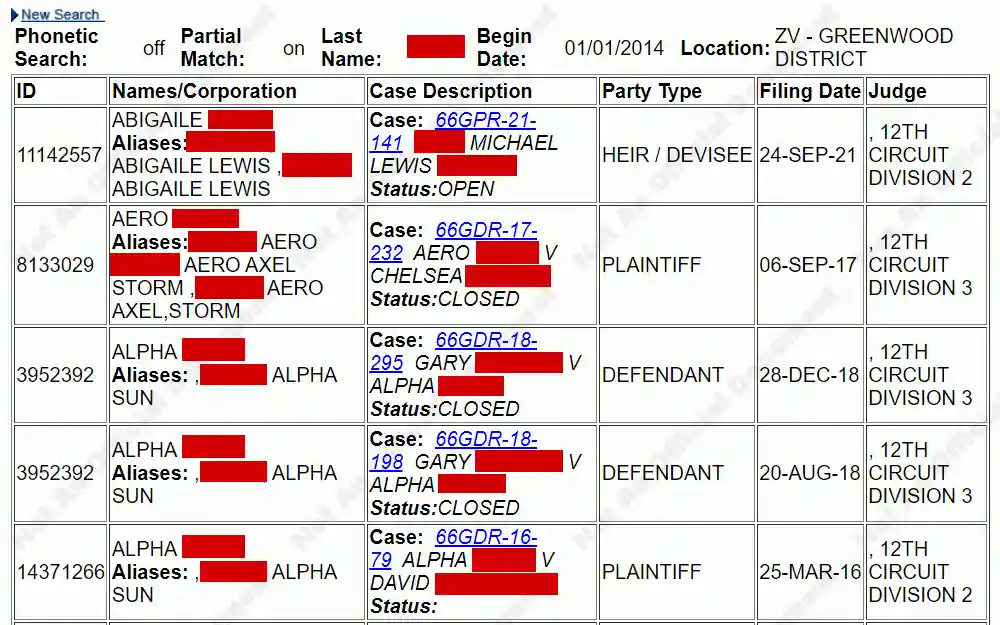 Screenshot of the search results of a person name search from Arkansas Supreme Court, listing the ID numbers, names, case descriptions, party types, filing dates, and judges.