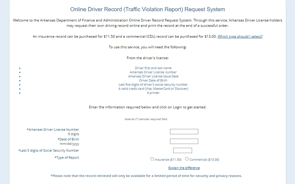 Screenshot of the online request form for traffic violation report from Arkansas Department of Finance and Administration, with fields for driver license number, birthdate, last five digits of the social security number, and type of report.