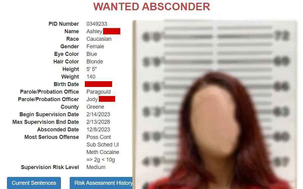 Screenshot from Arkansas Department of Corrections displaying the details of an absconder including the mugshot, PID number, name, race, gender, eye and hair colors, weight, height, birth date, and parole information.