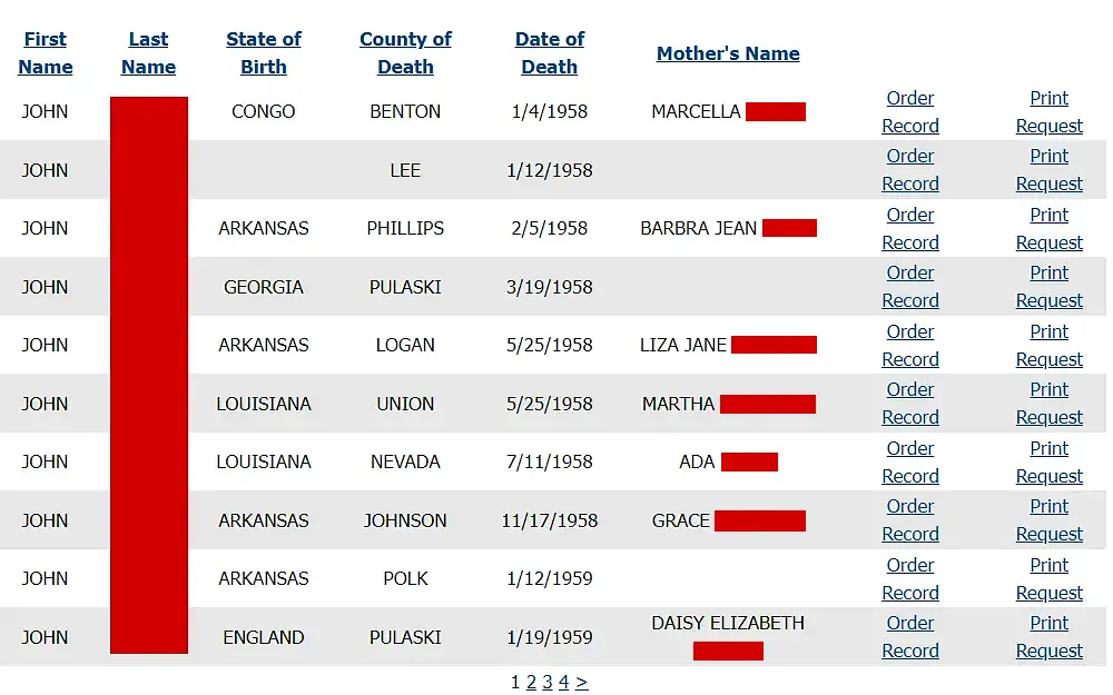 A screenshot from the Arkansas Department of Health website displays a list of death certificates, including details like first and last name, state of birth, county of death, date of death, mother's name, and links to request or print the document.